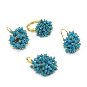 18K Yellow Gold Blue Turquoise Cha Cha Ring Earring Pendant Set